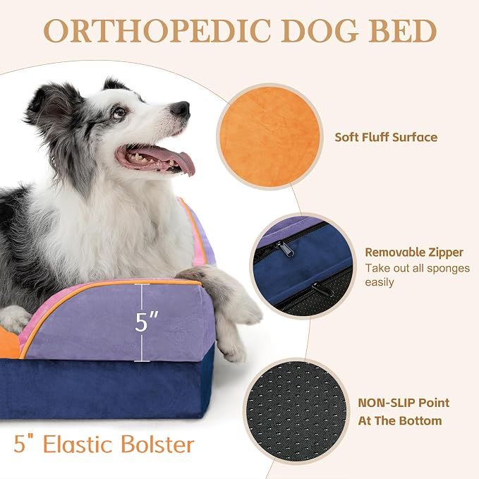 Comfort Expression Orthopedic Dog Bed for Extra Large Dogs with Bolster | Waterproof Dog Couch Bed with Washable Cover & Non-Slip Bottom, Supportive Egg Crate Foam XL Pet Bed, 42x30 Inch