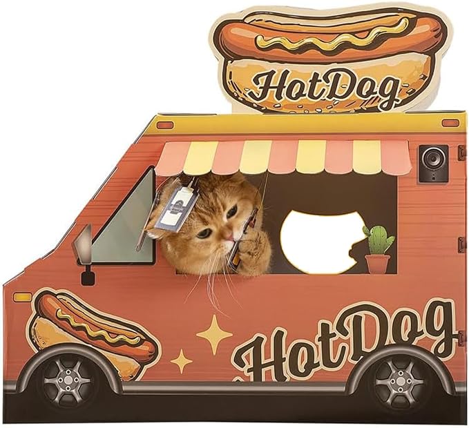 Cat Beds for Indoor Cats, Cardboard Cat House with Scratchers, Hot Dog Truck, Large Sturdy Cat Furniture Condo Cave Tent, Easy to Assemble Pet Toys Accessories Stuffs, Bunny Small Animals
