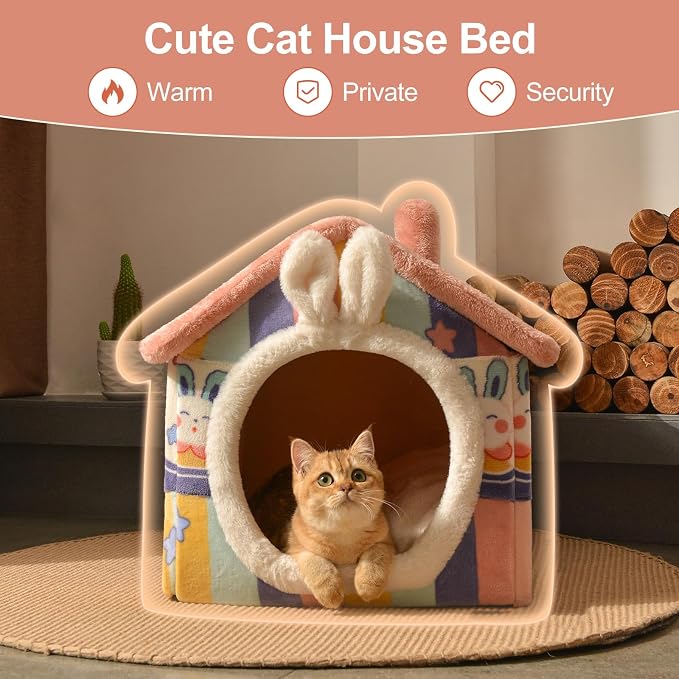 Cute Cat Beds for Indoor Cats, Foldable Cat House with Non-Slip Bottom | S Size Kitten Bed for 0-6 Lb Dogs and 0-8 Lb Cats, Rainbow,Cat Nest Puppy Cave,Soft Cozy Dog Cave Bed