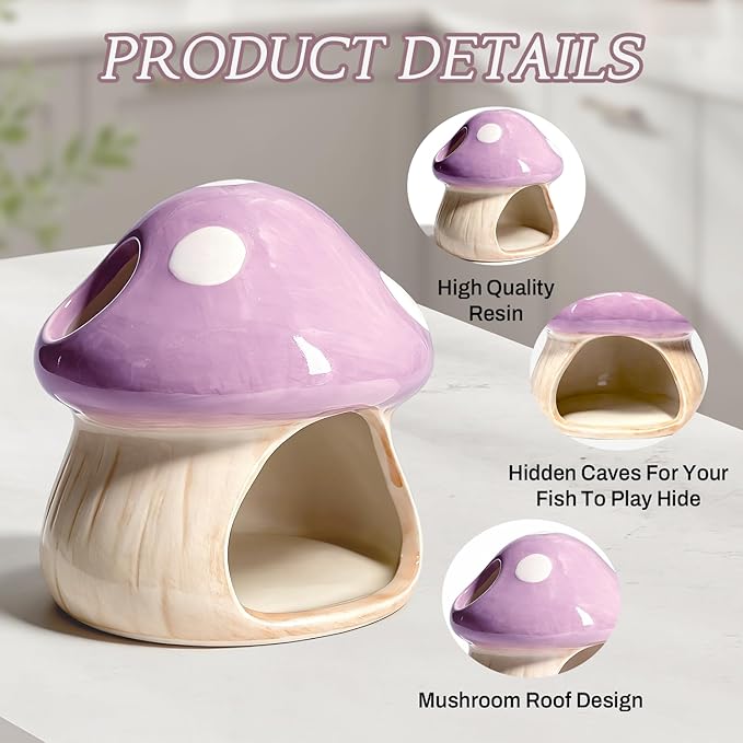 Betta Fish Tank Accessories, Ceramic Mushroom House Aquarium Decor - Cute Purple Hideout Cave Ornament for Small Fish, Shrimp, Goldfish, Hamsters & Reptiles (Purple)