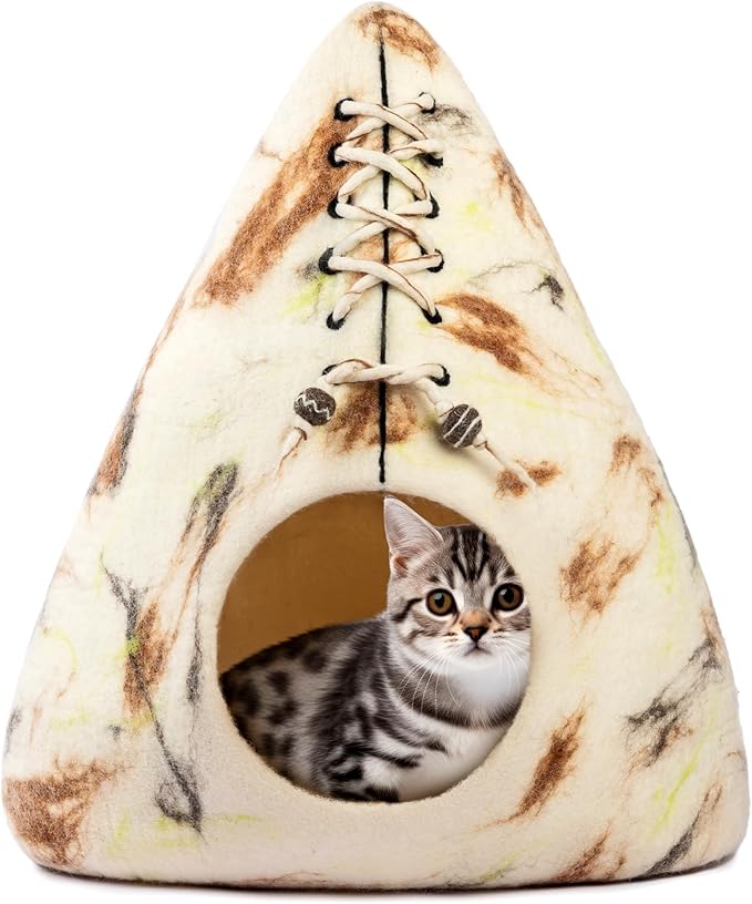 Luxurious Merino Wool Cat Cave - Foldable Hideaway Pod for Indoor Cats - Premium Felt Kitten Pet Enclosure - Covered Cat House for Ultimate Cozy Comfort by Woolygon (Tent)