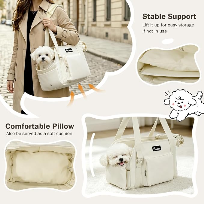 Pawaboo Dog Purse Carrier for Small,Under 9 Lbs | Large Pockets,Safety Leash,Soft Cushion,Breathable Mesh Window,Lightweight Travel,Beige