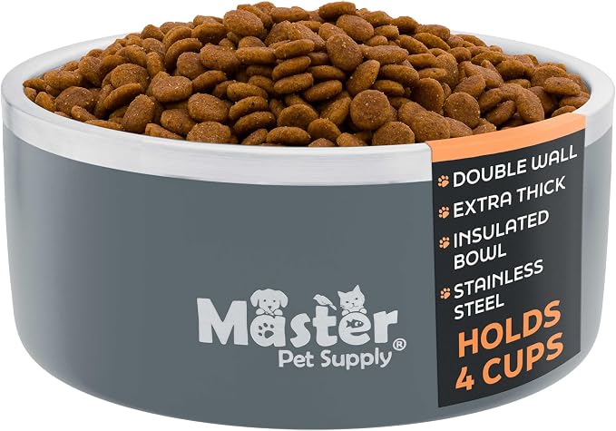 Master Pet Supply Stainless Steel Dog Bowls - 32 oz, Heavy Duty - Graphite, Double Wall Extra-Thick Insulated, Non-Slip Pet Water Bowl for Dogs, Cats & Pets, Anti Rust Metal, Dish Washer Safe
