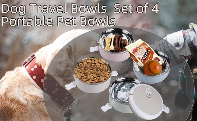 CHICIRIS Travel Dog Bowls, 4-tier portable stainless steel pet food container with handle, for dog and cat feeding, 24oz