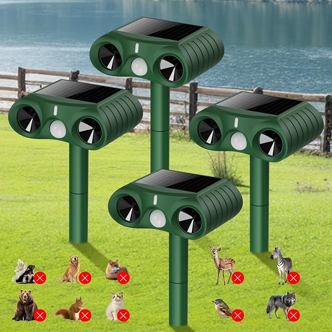 4PCS 2026 Upgraded Ultrasonic Solar Animal Repellent Outdoor,USB-C Charging and Wall-Mounting Capability with Motion Activated,for Deer Cat Squirrel Raccoon Rabbit Dog Garden Yard