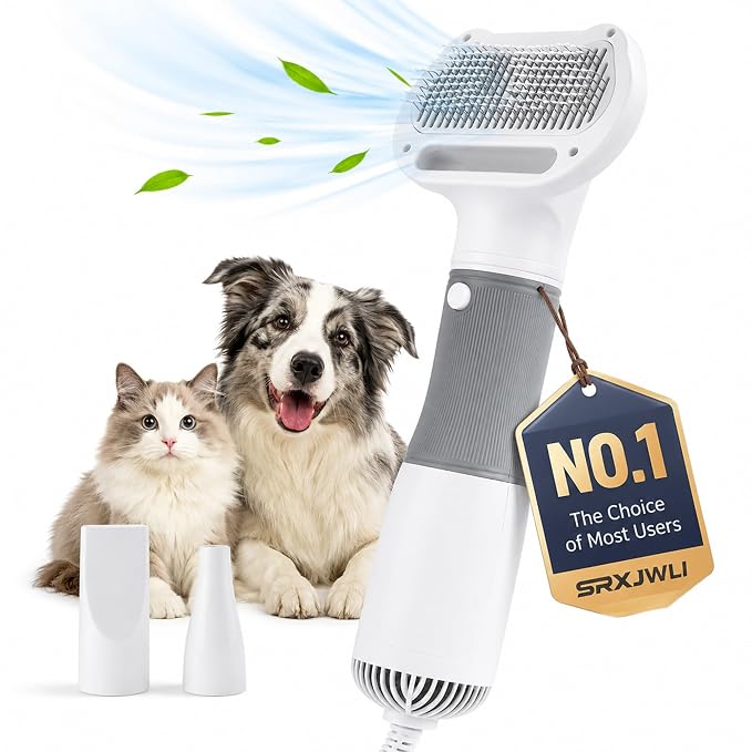 3 in 1 Pet Hair Dryers And Comb Brush High Velocity Blower for Dog Grooming | Portable Quiet Handheld Slicker with Steam Deshedding Intelligent Airflow System for Cats, Puppies and Professional(Gray)