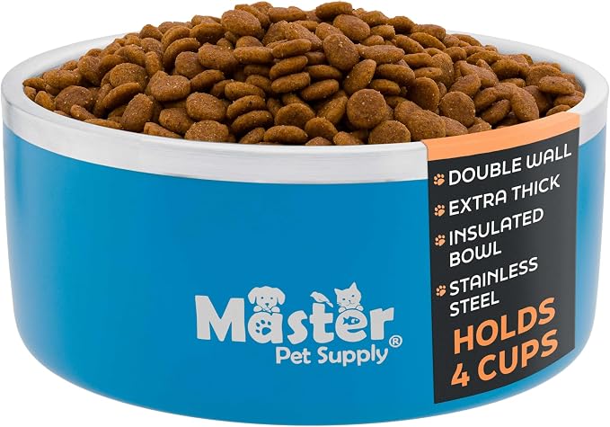 Master Pet Supply Stainless Steel Dog Bowls - 32 oz, Heavy Duty - True Blue, Double Wall Extra-Thick Insulated, Non-Slip Pet Water Bowl for Dogs, Cats & Pets, Anti Rust Metal, Dish Washer Safe
