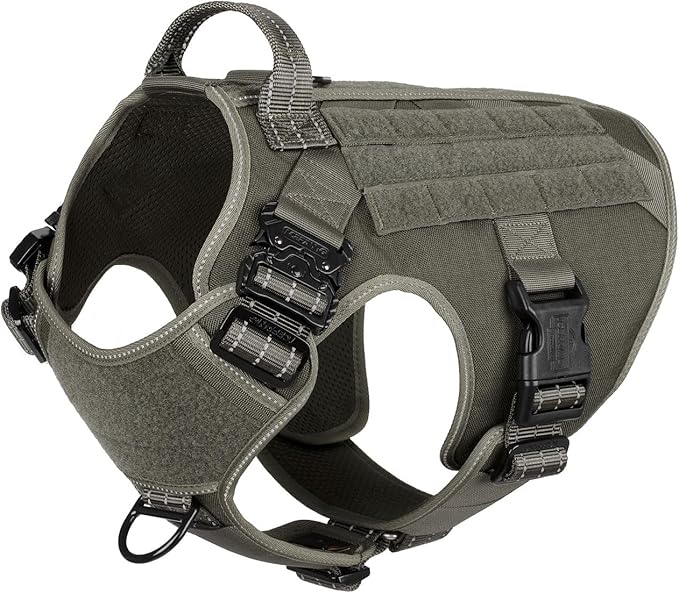 ICEFANG Tactical Dog Harness,for X-Large Dogs,Reflective No Pull Dog Vest | with Control Handle, Adjustable,Front Hook,2 Leash Clips,No Choke,Soft Padded,MOLLE Panel,Green,X-Large