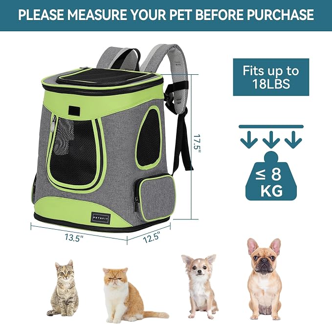 Petsfit Pet Backpack Carrier Easy-Fit Dog Travel Backpack Carrier for Hiking Walking Cycling Suitable for Small Medium Dogs Cats and Rabbits up to 22 Pounds, Green | 13.5 x 12.5 x 17.5 in; reinforced frame, 600D Oxford, 4 mesh panels, lockable zippers,...