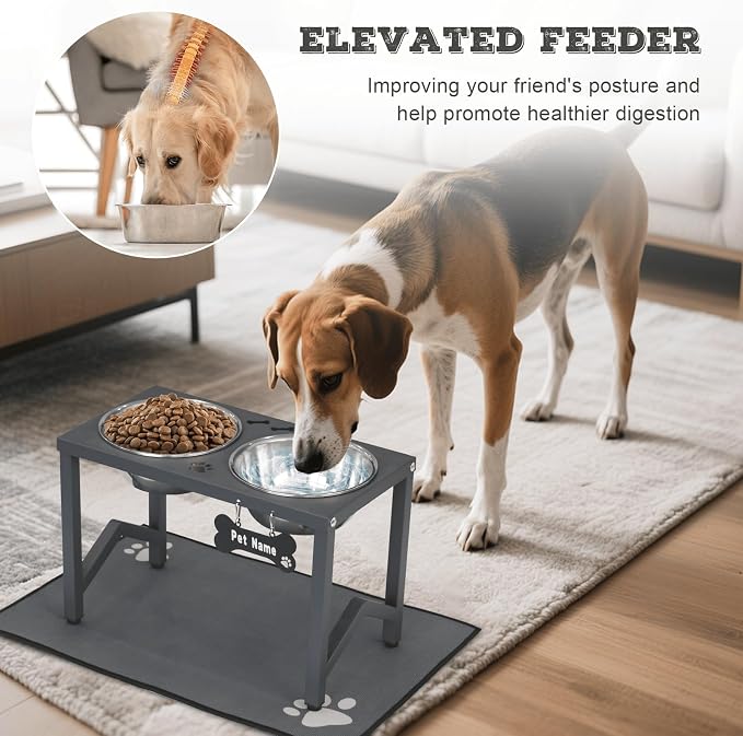 Elevated Dog Bowls, Metal Raised Dog Bowl Stand with 2 Thick 58oz Stainless Steel Food Bowls & Non-Slip Mat - 11.8" Tall for Medium/Large Breeds(Grey)