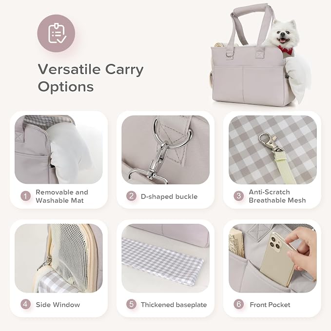 JourCraf Dog Purse Carrier for Small Dogs & Puppies Up 12 Lbs, Soft Cotton Tote Pet Shoulder Bag with Pockets, Foldable & Washable Breathable Puppy Carrier for Yorkie, Chihuahua & Cats - Gray