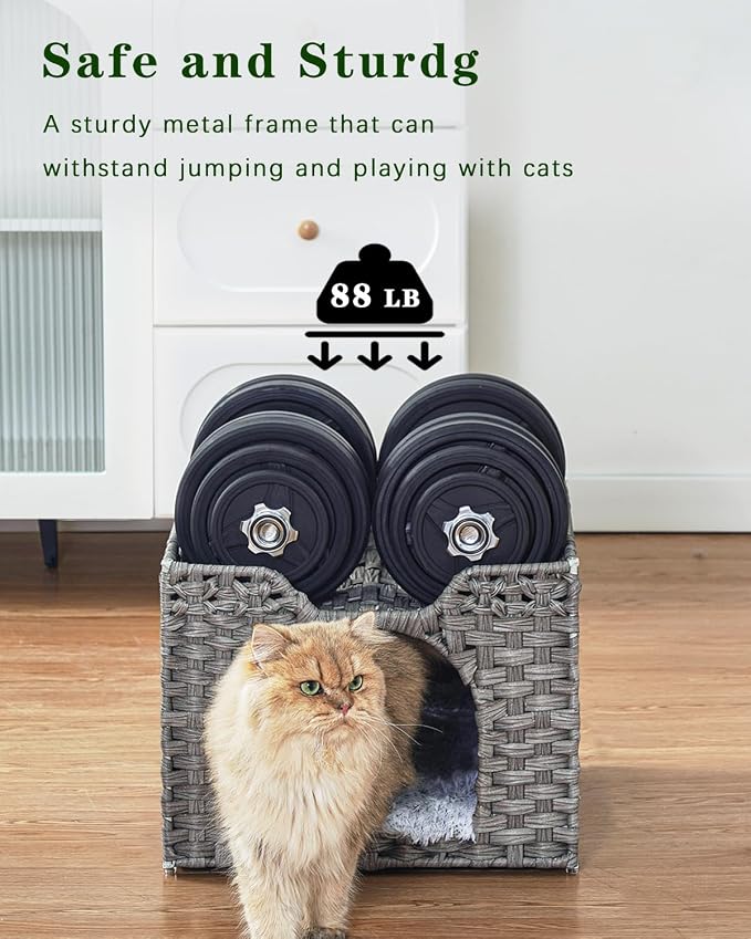 SETVSON Cat Beds Indoor Kitten House, Handwoven Rattan PE Cat Cave, Gray | 2-in-1 Kitty Condo with Top Perch & Bottom Cave, Furry Canvas Dual Cushion, 2 S-Hooks, Steel Frame, 16.5x16.5x13.2 In