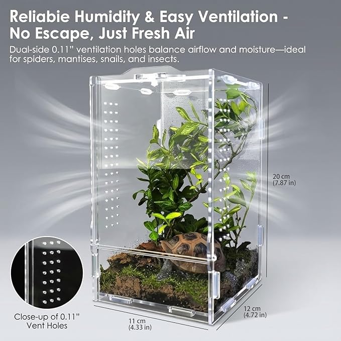 Acrylic Jumping Spider Enclosure: Tarantula Enclosure with Door Lock for Gecko Praying Mantis Snail - Front Opening Arboreal Reptile Terrarium Dual-Side Ventilation Bug Habitat for Desk Decor