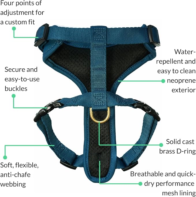 Adventure Dog Harness - Stylish and Durable Medium Dog Harness for Outdoor Adventures and Everyday Wear - Indigo Blue Neoprene Adjustable Harness for Dogs with Reflective Piping, Brass D-Ring