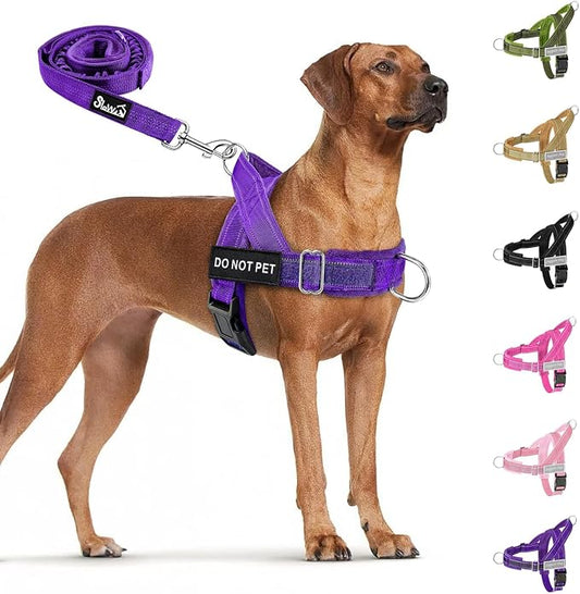 SlowTon No Pull Dog Harness with Front Clip - Heavy Duty, Soft Padded | Neck & Chest Adjustable, Tactical Pet Vest and Leash Set for Large Medium Sized Dogs, for Easy Walk & Training, Purple XL