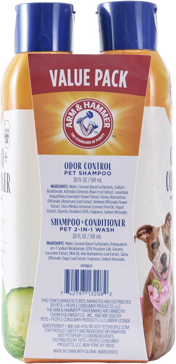 Arm and Hammer for Pets Dog Shampoo Combo Pack with Baking Soda for Odor Control | Deodorizing Kiwi Blossom Dog Shampoo and 2-in-1 Shampoo & Conditioner Cucumber Mint | 20 Oz Bottles