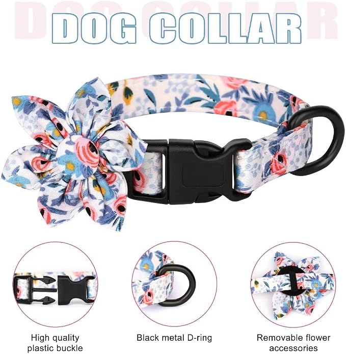 Beirui Cute Dog Collars,Harnesses,Leashes Set, Floral Pattern, Blue,XXS | Girl Dog Harness Set with Flower, Adjustable and Soft Mesh Lining, For Puppies Small & Extra Small Dogs Daily Walks
