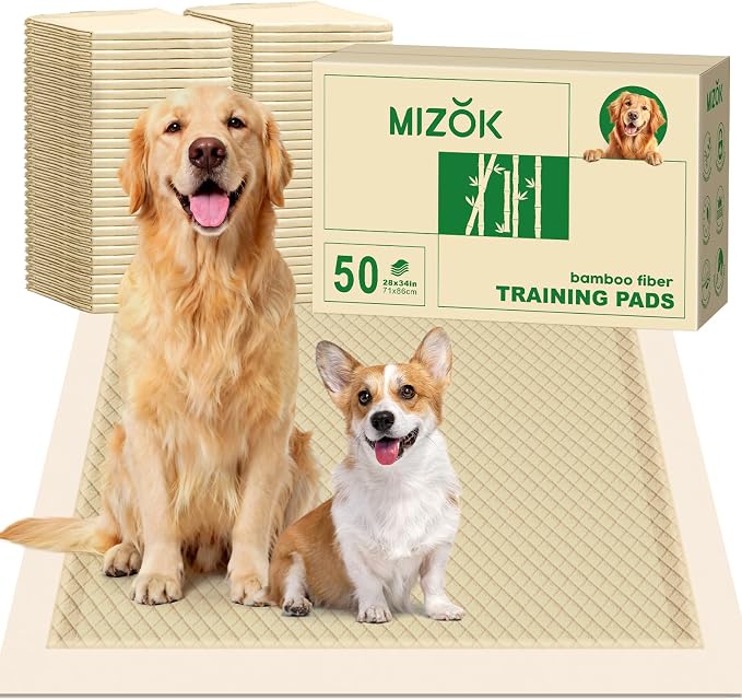 MIZOK Bamboo Dog Pee Pads Highly Absorbent No Leak Extra Large 28x34in 50Ct | Highly Absorbent Bamboo Pads Neutralize Odors Quickly and Leak Proof Bottoms Protect Your Floors for Potty Training
