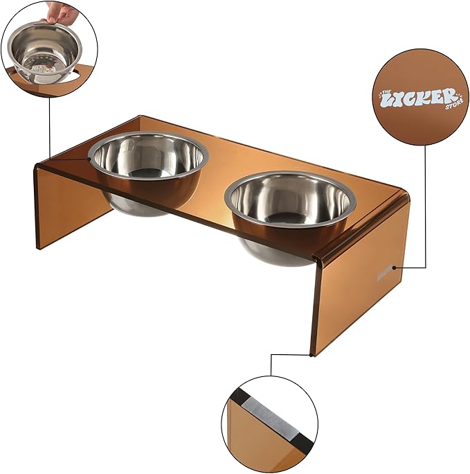 DBL2001D Keaton 7.5" Medium/Large Modern Acrylic Rectangular Elevated Pet Feeder with 54oz 2-Stainless Steel Bowls, Amber/Chrome