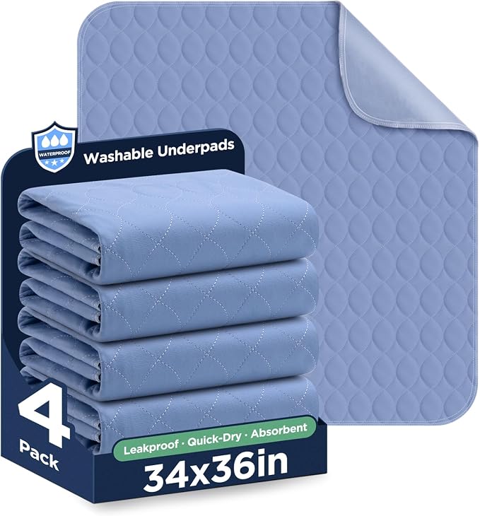Washable Bed Pads 34" x 36" - 4 Pack, Blue, Waterproof Bed Pads for Incontinence, Bed Wetting Pads for Bed, Sofa, Floor, Resuable Underpads for Adults, Seniors, Pet