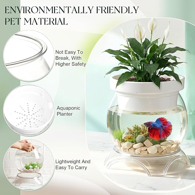 Geelin 1.5 Gallon Plastic Aquaponic Betta Fish Tank Aquaponic with Base and Top, Large Bowl Shatterproof Ecosystem Aquarium with Clear Clarity for Terrarium, Flower Vase Betta Fish Centerpiece Gifts