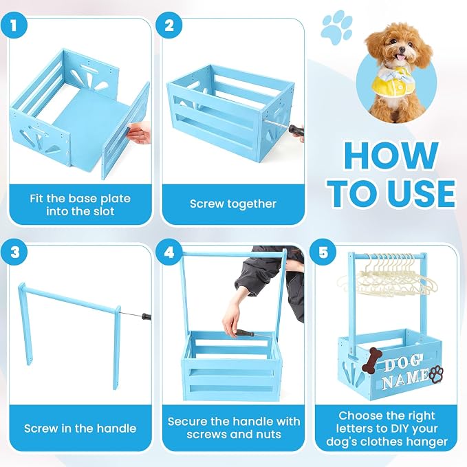 Teenyyou 20" x 13" x 9" Wooden Dog Closet Pet Wardrobe Crate Box with Hanging Rods and Personalized Alphabet Letters Easy Assembly Baskets for Dog Cat Toys Clothes Accessories(Blue)