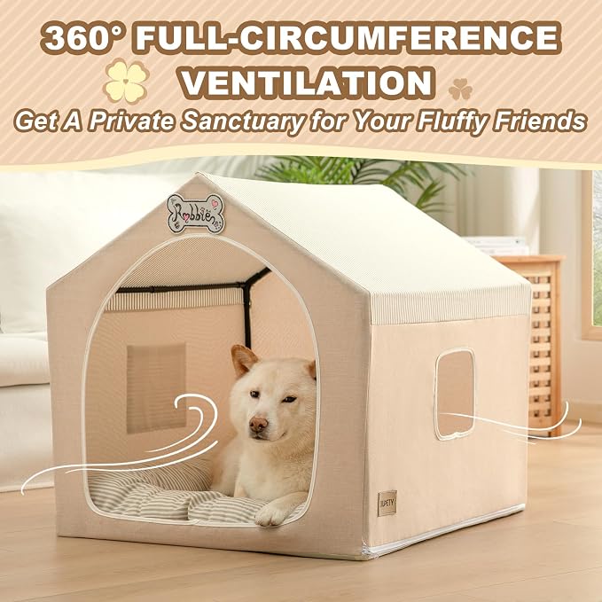 Indoor Dog House with Frame,Cute Dog Tent Bed with Cover Cave,Beige | Breathable,Washable,and Foldable House, Suitable for 22-40 Lb, Large (25"×25"×25"),Inside Dog House