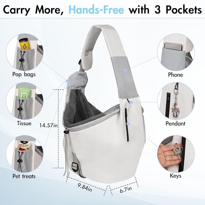 Dog Carrier Sling, Puppy Carrier Sling 20 lbs, Grey | Dog Carriers for Small Dogs & Cats With Pockets, Machine Washable, Adjustable Shoulder Strap, Hands Free for Outdoor Use