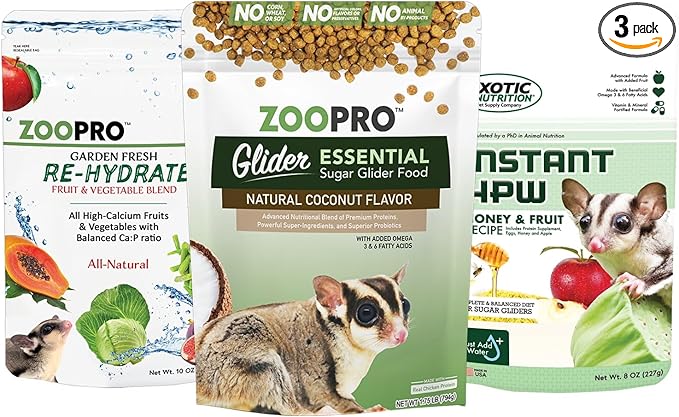 Exotic Nutrition Sugar Glider Essential Deluxe Food Starter Package - Chicken Based High Protein Kibble, Healthy Dried Vegetable Mix, Instant-HPW Enriched Powdered Diet