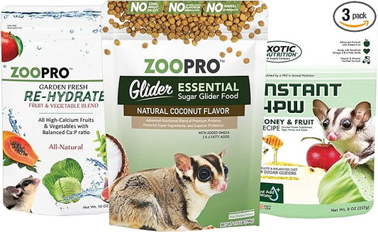 Exotic Nutrition Sugar Glider Essential Deluxe Food Starter Package - Chicken Based High Protein Kibble, Healthy Dried Vegetable Mix, Instant-HPW Enriched Powdered Diet
