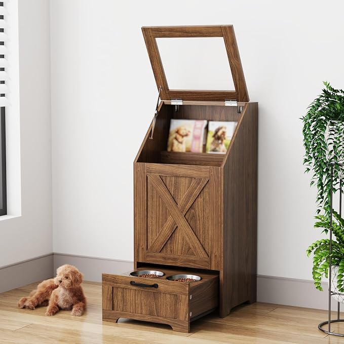 Dog Feeding Station with Storage Cabinet and 2 Elevated Dog Bowls, Hidden Pet Food Storage Organizer for Dog &Cat, Modern Dogs Furniture, Walnut