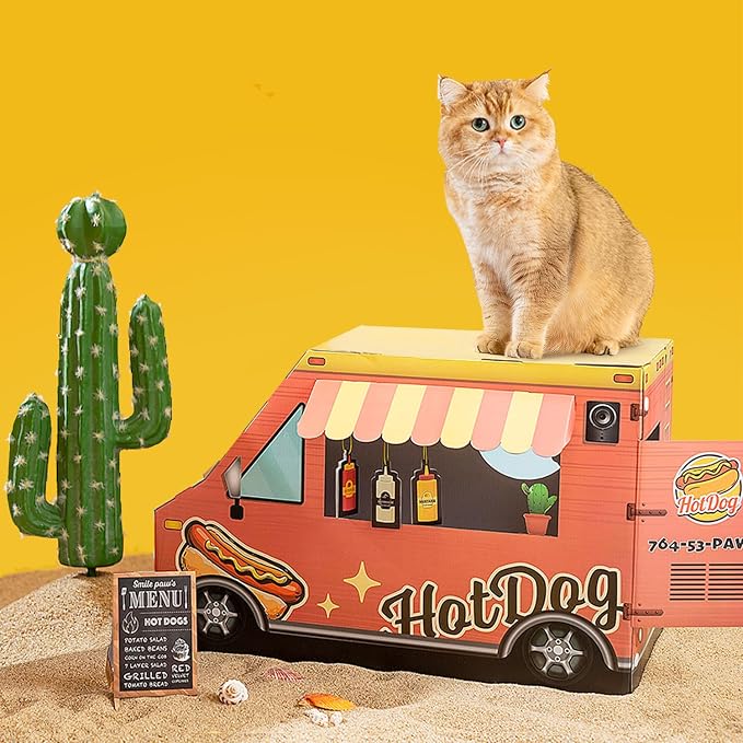 Cat Beds for Indoor Cats, Cardboard Cat House with Scratchers, Hot Dog Truck, Large Sturdy Cat Furniture Condo Cave Tent, Easy to Assemble Pet Toys Accessories Stuffs, Bunny Small Animals