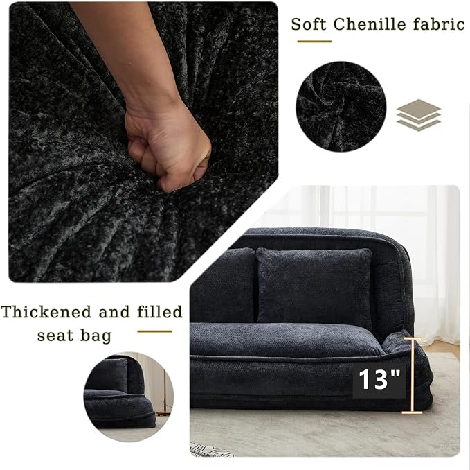 Foldable Lazy Sofa Bed, Double Human Dog Bed for Adults, Black | Skin-friendly Breathable Soft Chenille Upholstered, 5 Adjustable Backrest Positions, 3 Soft Cushions for Living Room