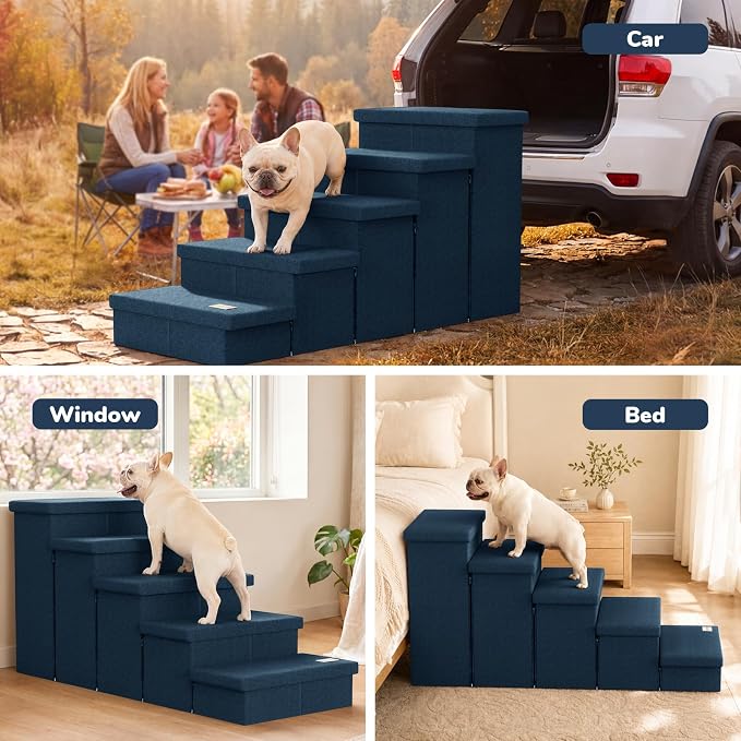 5-Step Wide Dog Stairs with Storage 23" H, Non-Slip Sturdy Pet Steps for High Bed Couch Window, Pet Stairs for Small/Medium/Large Old Dogs Cats Up to 220lbs, Cat Dog Steps for Car/SUV, Navy