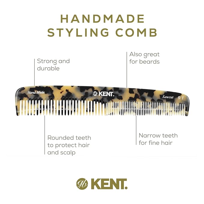 Kent 9T Fine Tooth and Wide Tooth Hair Combs - Large Detangler Handmade Dressing Comb - Wet & Dry Use, Durable Grooming for Women & Men - Made in England (WhiteTokyo)