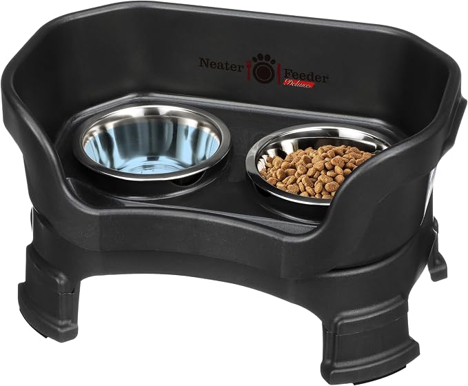 Neater Feeder Deluxe Mess-Proof Elevated Cat Bowls, 2 Height Adjustable (6” & 7.5”) No-Spill Raised Cat Bowl Stand, Whisker Friendly Stainless Steel Dishes for Indoor Cats, Made in USA, Black