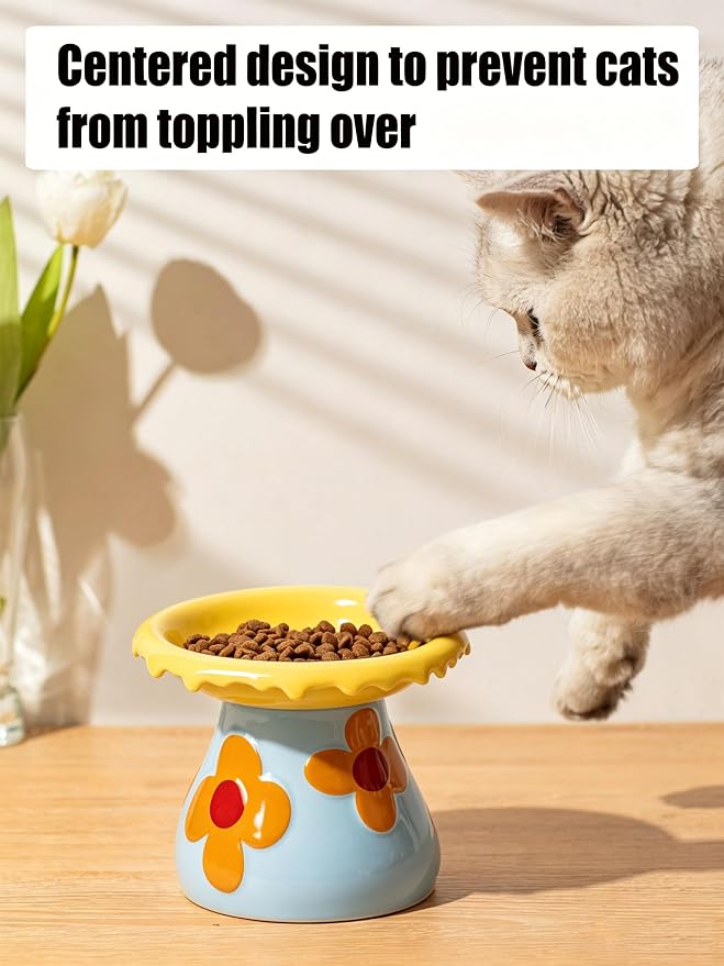 Mushroom Elevated Cat Bowls Ceramic, Cute Cat Bowls Whisker Fatigue | Raised Cat Bowl for Indoor Cats, Raised Dog Bowls Stand for Food and Water, Yellow 5.8" Wide for Adult Cats