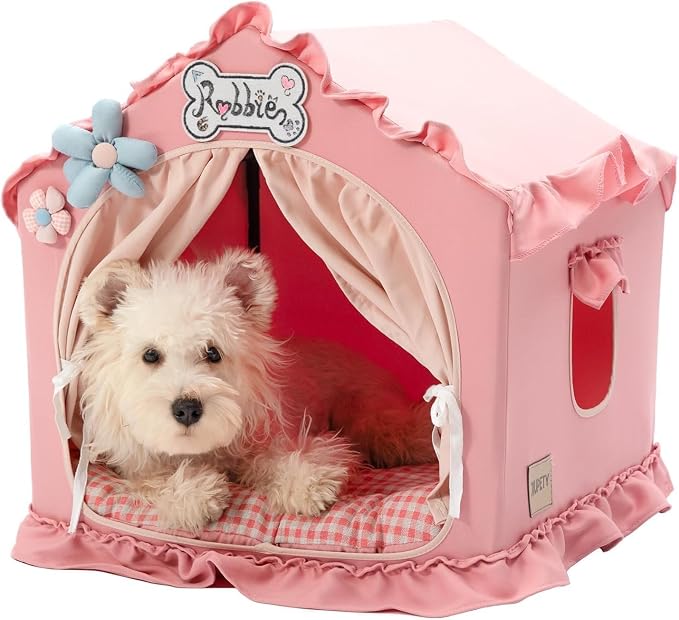 Indoor Dog House with Frame,Cute Dog Tent Bed with Cover Cave,Pink | Breathable,Washable,and Foldable House, Suitable for 8-16 Lb Puppy and Cats, Medium (17"×17"×17"),Inside Dog House