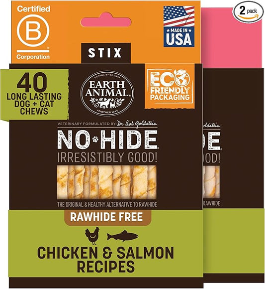 Earth Animal No Hide Stix - Small Dog Chews 40 Count Chicken & Salmon | Small Sticks Chicken & Salmon Flavored Natural Rawhide Free Long Lasting Dog Chews - Pet Treats for Small Dogs and Cats