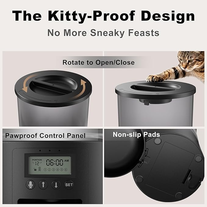 Automatic Cat Feeder 4.2L,6 Meals/Day,Dual Power Portion Control Feeder,Dry Pet Food Auto Dispenser,Timer Setting,10S Voice Record (Transparent Black, Stainless Steel Bowl)