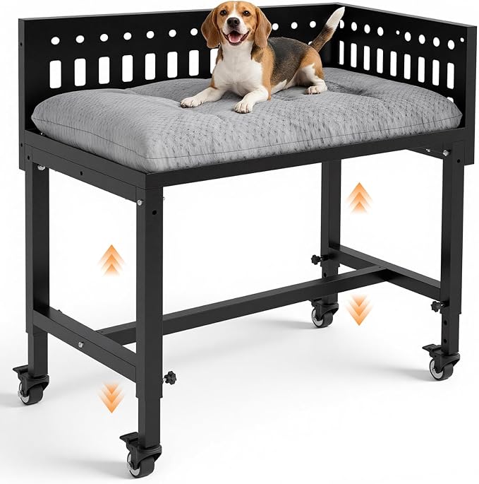 Beside Dog Bed,2 Panels Adjustable Height Dog Bunk Beds,26.8”x18.1” Metal Frame & Cushion, Converts to Bunk Bed or Bed Extension Attachment for Human Bed, for Small Dogs