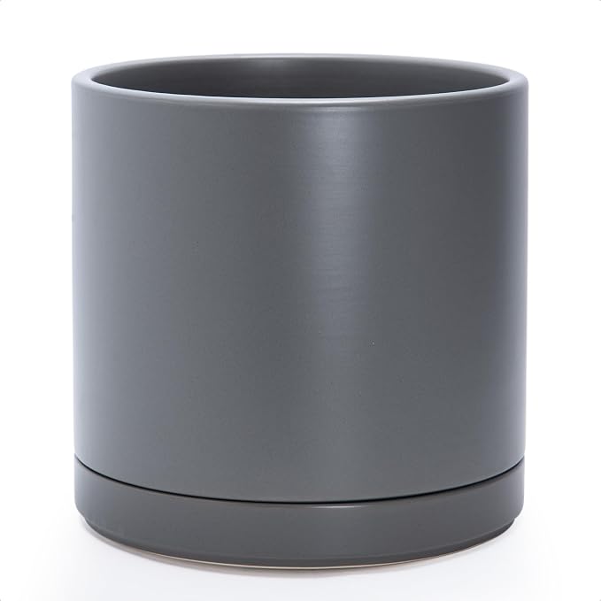 D'vine Dev 12 Inch Ceramic Planter Pot, Grey, 94-O-F-3 | Modern Cylinder Design, Drainage Hole & Saucer Included, Stable Structure, Elegant Home Accent
