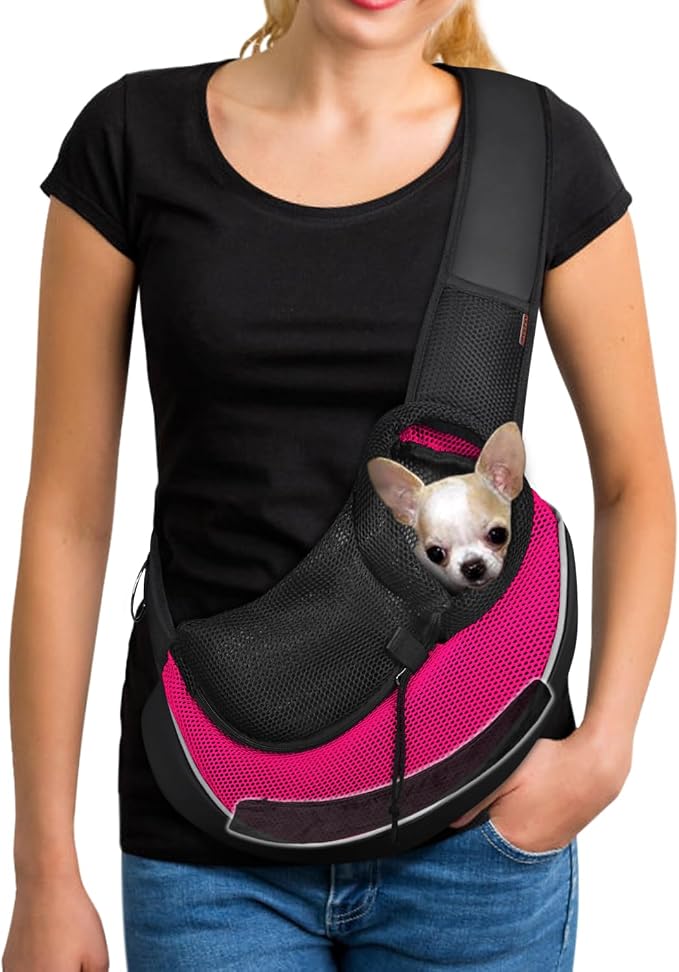 YUDODO Pet Sling Carrier for 2-5 lbs Small Dogs Cat Puppy Crossbody Carrier | Bottom support, Safety Hook, Large Zipper Pocket, Soft Breathable Mesh, Adjustable Strap, Reflective Strip, Pink, S
