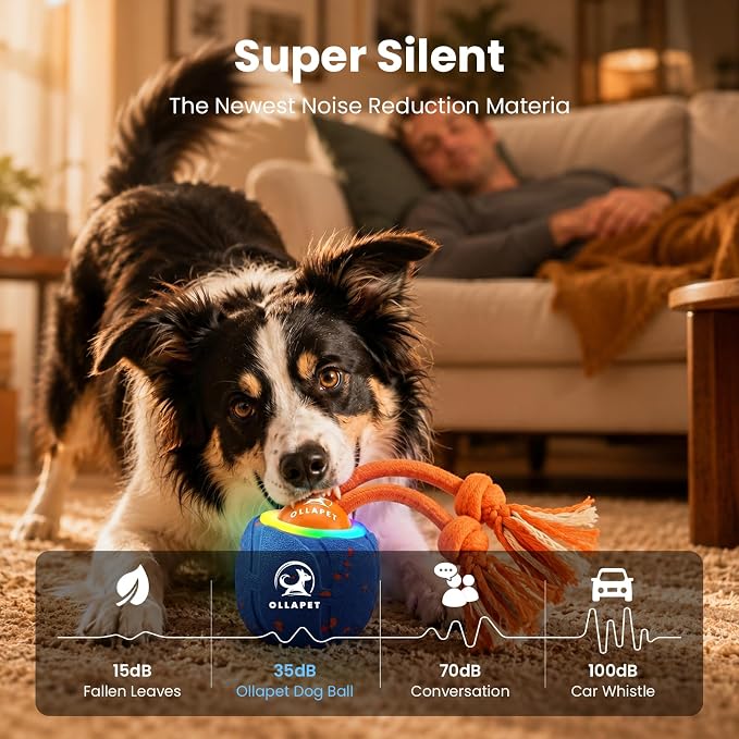 Smart Interactive Dog Toys, 3 Modes Automatic Rolling Ball, Chase Pet Toy with Rope & Barking Sound, Chew Resistant E-TPU, IPX7 Waterproof Rechargeable Ball for Medium Large Dogs, Blue