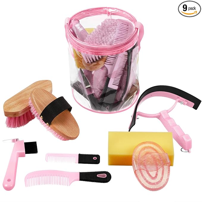Cunhill 9 Pcs Horse Grooming Kit Tack Room Supplies Set with Tote Bag, Oval Massage Curry, Hard and Soft Brush, Hoof Pick, Sweat Scraper, Bathing Sponge, Comb for Horse Rider(Cute,Pink)