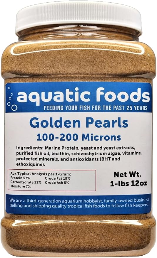 Aquatic Foods Inc. Golden Pearls 100-200 Micron Powder for Fry, Babies of Shrimp, Axolotls, Discus, Cichlids, Catfish, Tetras, Angel Fish, Guppies, Bettas, Goldfish, Corals, Reefs..1-lb 12oz Med Jar