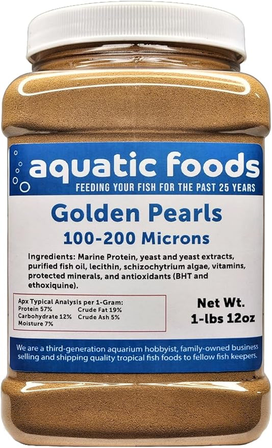 Aquatic Foods Inc. Golden Pearls 100-200 Micron Powder for Fry, Babies of Shrimp, Axolotls, Discus, Cichlids, Catfish, Tetras, Angel Fish, Guppies, Bettas, Goldfish, Corals, Reefs..1-lb 12oz Med Jar
