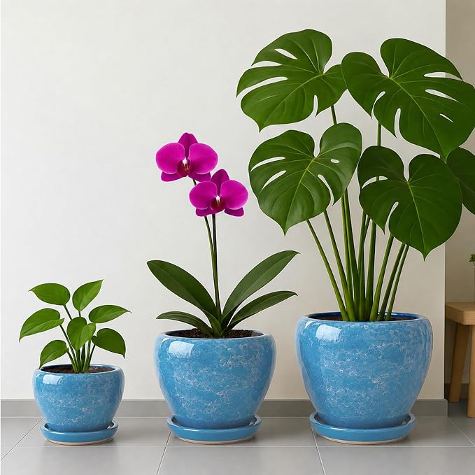 Deep Dream 6 Inch Plant Pots- Ceramic Planter Pot with Drainage Hole and Saucer, Round Flower Pot for Indoor Outdoor Succulent, Snake Plants and Cactus, Gemstone Blue