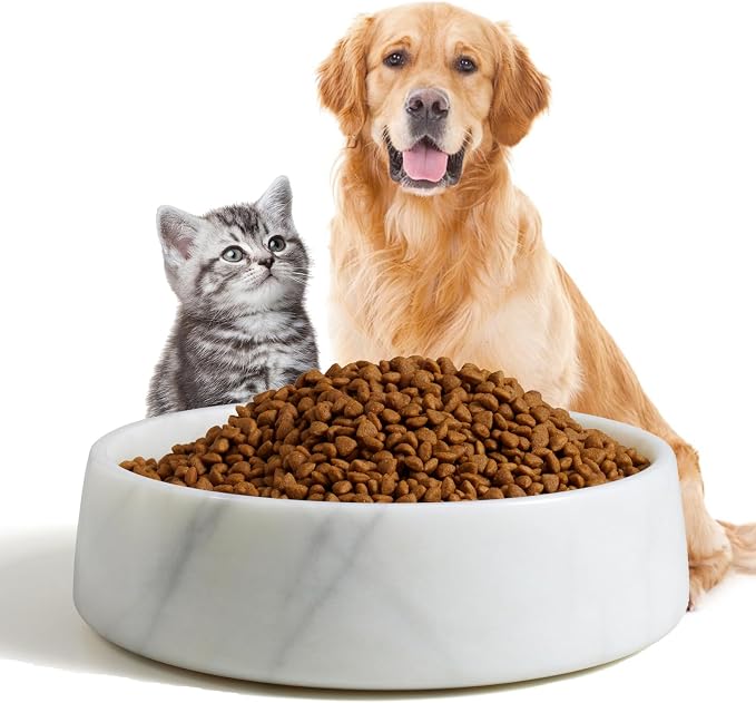SAMAH White Marble Dog Bowl, Non-Slip Non-Tipping Heavy Dog Food Bowl, Large Weighted Stone Dish, Natural Marble Dog Water Bowl, Easy to Clean, Gifts for Cat & Dog Lovers, Holds 6 Cups(6 lbs)