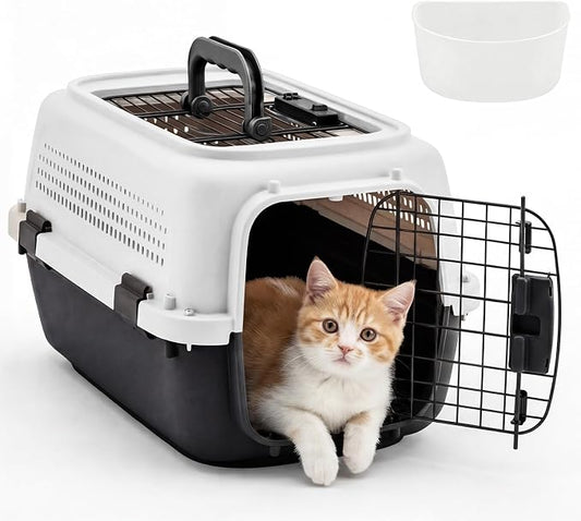 DUMOS 23" Hard-Sided Pet Carrier for Small Dogs & Cats, Airline Approved Travel Crate with Enhanced Security Latches, Front & Top Load Wire Door, Food Bowl for Traveling, Hiking, Camping - White&Black